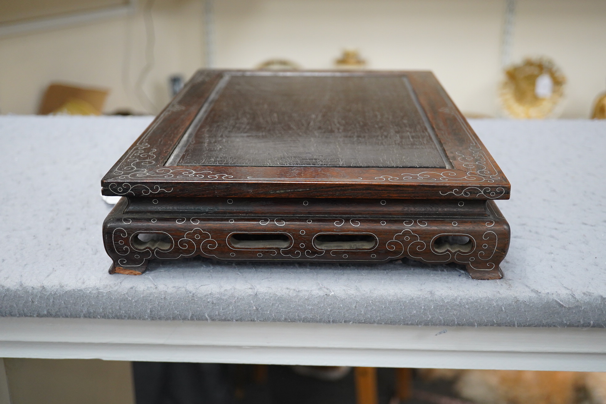 A Chinese silver wire inlaid hardwood stand, late 19th century